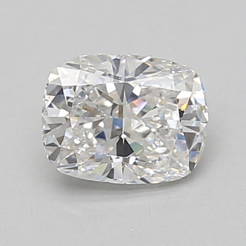 Cushion-cut lab-grown diamond with faceted surfaces and light reflections on neutral background.