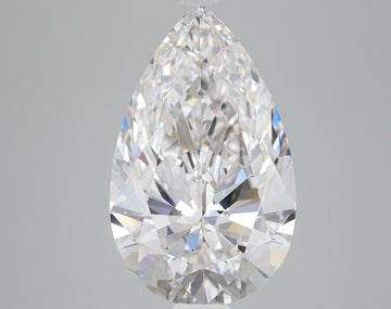 Pear-shaped clear lab-grown diamond with faceted surfaces reflecting light, displayed against a neutral gray background.
