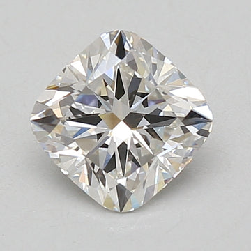 Cushion-cut lab-grown diamond with faceted surfaces and light reflections on neutral background.