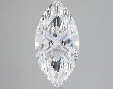 Colorless marquise-cut lab-grown diamond with faceted surface and light refraction visible against gray background.