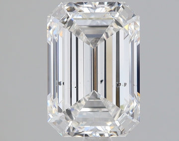 Emerald-cut lab-grown diamond with faceted edges and clear appearance, displayed against neutral background.