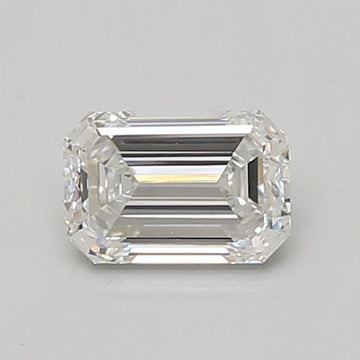 Emerald-cut lab-grown diamond with faceted surface and step-cut pattern on neutral background.