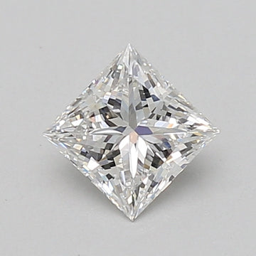 Colorless princess-cut lab-grown diamond with faceted surfaces and pointed corners displayed on neutral background.