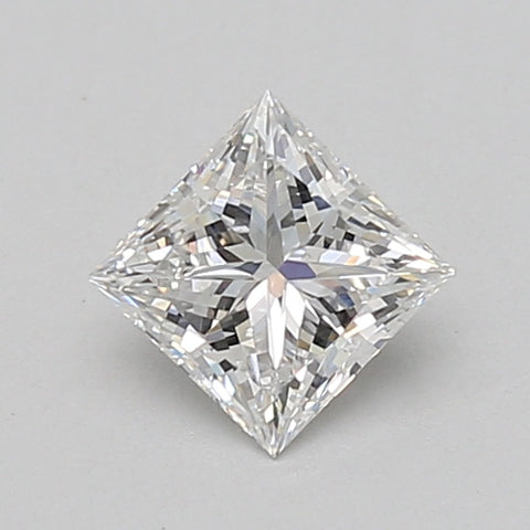 Colorless princess-cut lab-grown diamond with faceted surfaces and pointed corners displayed on neutral background.