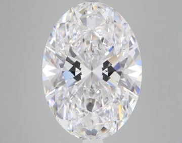 Oval-cut lab-grown diamond with faceted surface reflecting light in multiple colors against neutral gray background.