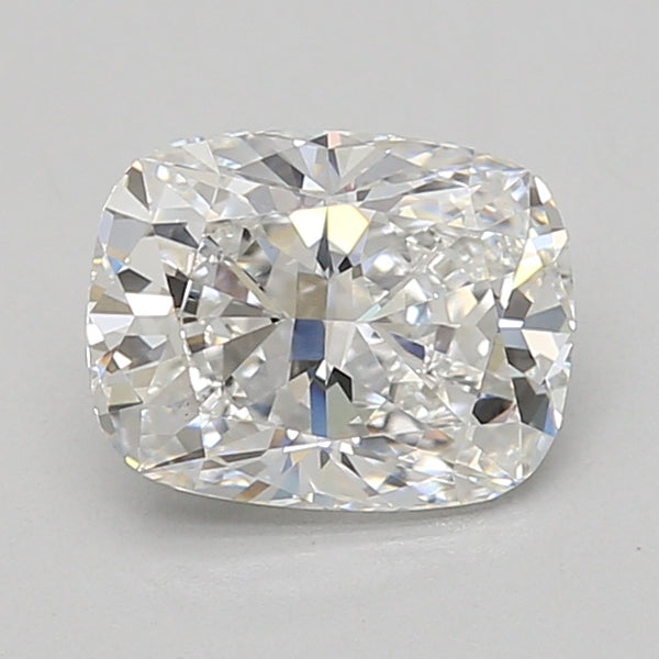 Cushion-cut lab-grown diamond with faceted surface and clear brilliance on neutral background.