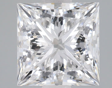 Princess cut lab grown diamond with faceted surface reflecting light, displayed on neutral background.