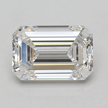 Emerald-cut lab-grown diamond with faceted edges and clear transparency, displayed on gray background.