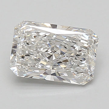 Radiant cut loose diamond with faceted surface and light reflections on neutral background.