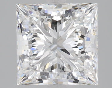 Clear, faceted princess-cut diamond with precise geometric angles and bright light refraction on gray background.