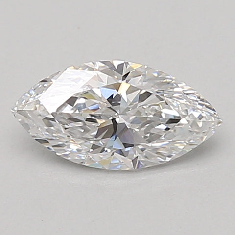 Marquise cut lab-grown diamond with faceted surface and clear coloring on neutral background.