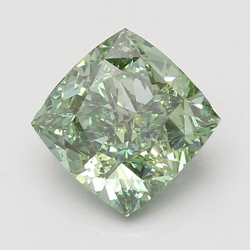Cushion-cut lab-grown diamond with light green tint and faceted surface, displayed against neutral background.