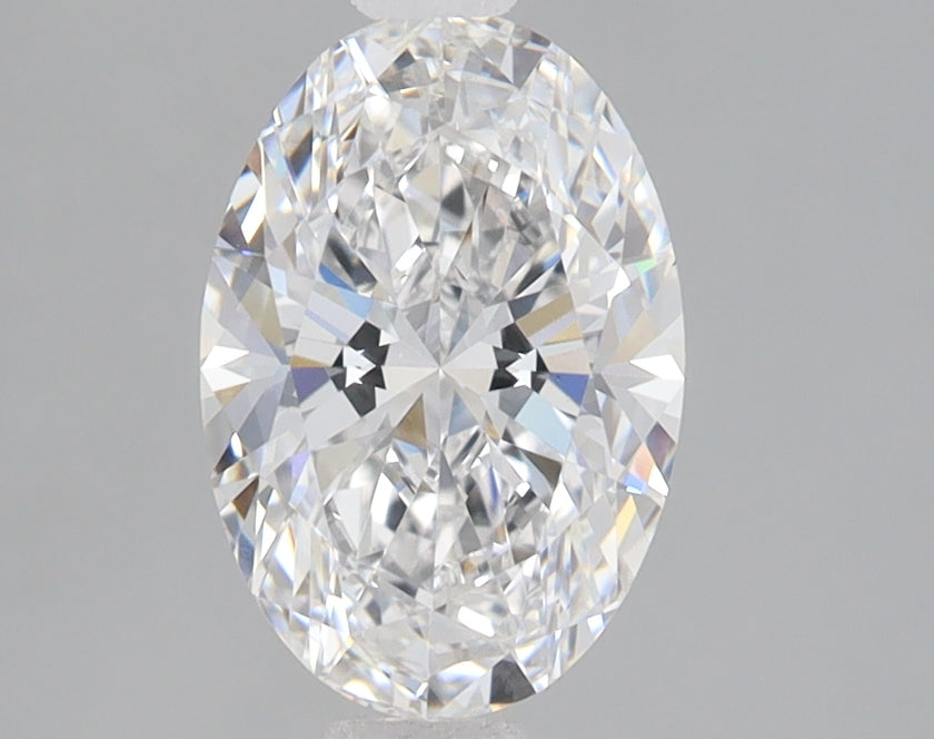 Oval-cut lab-grown diamond with brilliant faceting and light reflections on gray background.