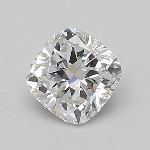 Cushion-cut lab-grown diamond with faceted surface and light reflections on neutral background.