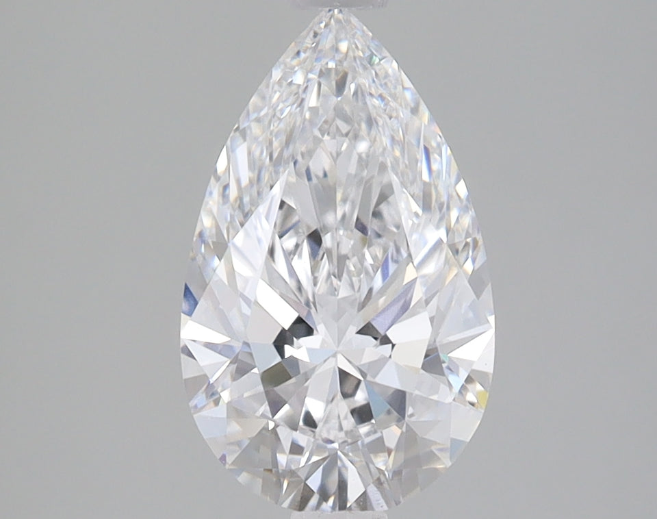 Pear-shaped colorless diamond with brilliant faceting and light reflections on neutral gray background.