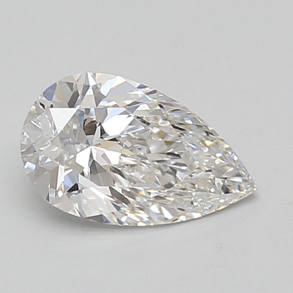 Pear-shaped lab-grown diamond with faceted surface, clear and colorless.