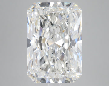 Radiant cut lab grown diamond with faceted surfaces reflecting light, displaying clear colorless appearance against neutral b