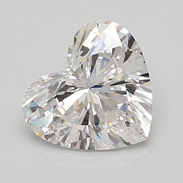 Heart-shaped faceted lab-grown diamond with clear faceting and light reflections against a neutral background.