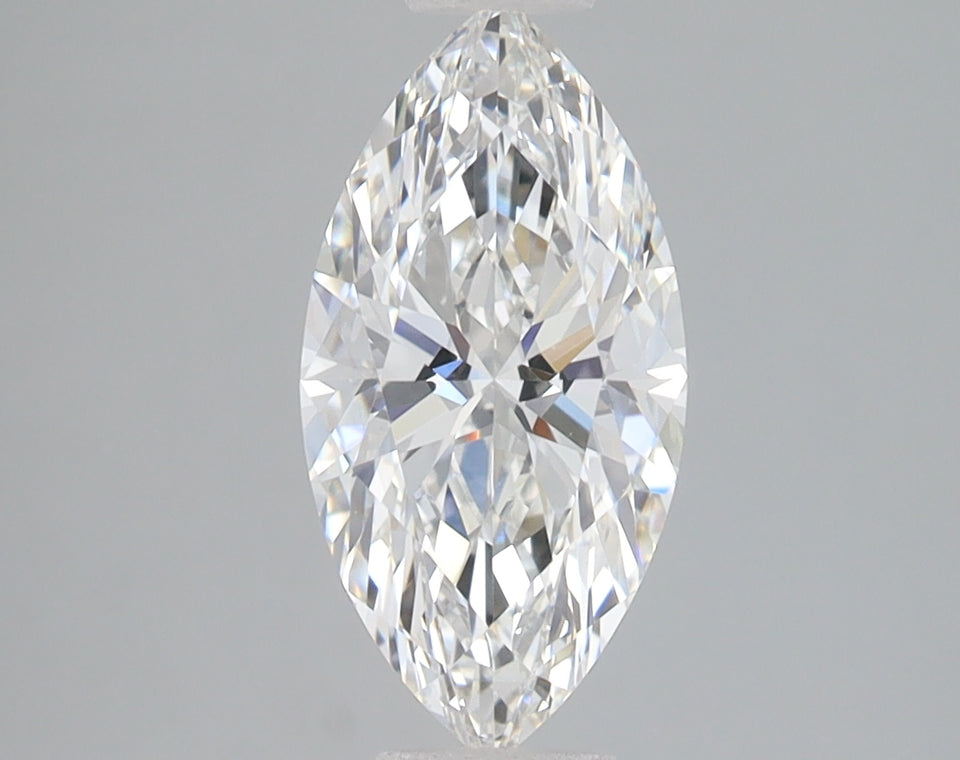 Marquise-shaped lab grown diamond with faceted surface and pointed ends, displaying light refraction throughout.