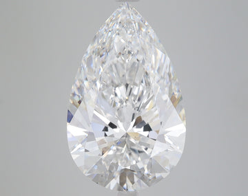 Pear-shaped colorless diamond with faceted surfaces and light reflections on neutral background.