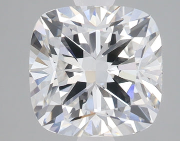 Cushion-cut colorless lab-grown diamond with faceted surface reflecting light, shown against neutral background.