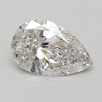 Pear-shaped lab-grown diamond with faceted surfaces and light reflections on neutral background.