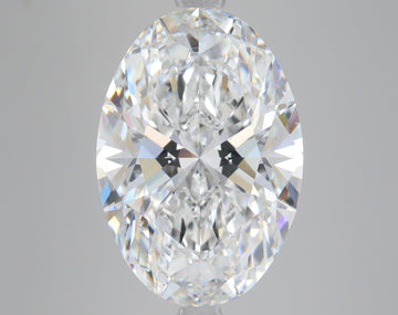 Oval-cut clear lab-grown diamond displaying faceted surface with light refraction, shown against neutral gray background.
