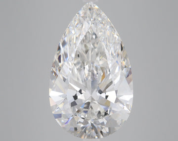 Pear-shaped colorless lab-grown diamond with faceted surfaces reflecting light, displayed against neutral background.