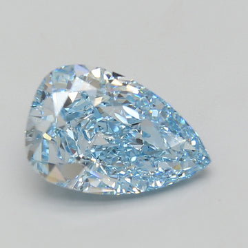Pear-shaped colorless diamond with faceted surfaces displayed against a neutral gray background.