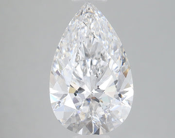 Pear-shaped lab-grown diamond with brilliant faceting and clear appearance on gray background.