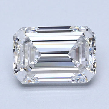 Emerald-cut lab-grown diamond with faceted surfaces and clear transparency, displaying light refraction patterns on light bac