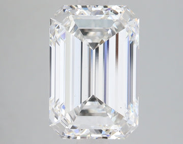 Colorless emerald-cut lab-grown diamond with faceted edges and light refraction visible against neutral background.