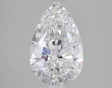 Pear-shaped lab-grown diamond with faceted surfaces and clear coloration on neutral background.