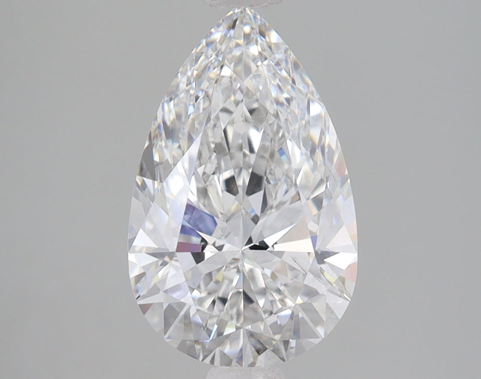 Pear-shaped lab-grown diamond with faceted surfaces and clear coloration on neutral background.