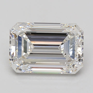 Clear emerald-cut diamond with faceted sides and horizontal striations, displaying light refraction on neutral background.