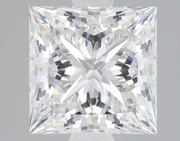 Princess cut lab-grown diamond with clear facets and light reflections displayed against a neutral gray background.