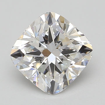 Cushion-cut lab-grown diamond with faceted surface reflecting light, displaying near-colorless appearance against neutral bac