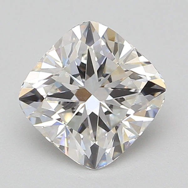 Cushion-cut lab-grown diamond with faceted surface reflecting light, displaying near-colorless appearance against neutral bac