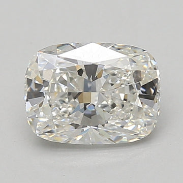 Cushion-cut lab-grown diamond with faceted surfaces reflecting light, displayed on neutral background.