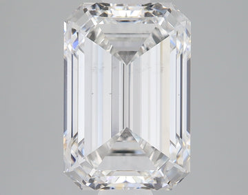 Emerald-cut lab grown diamond loose stone with faceted surfaces and clear transparency, displayed against gray background.