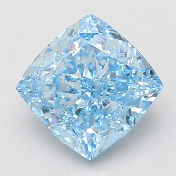 Light blue cushion-cut lab-grown diamond with faceted surfaces and reflective light patterns on neutral background.