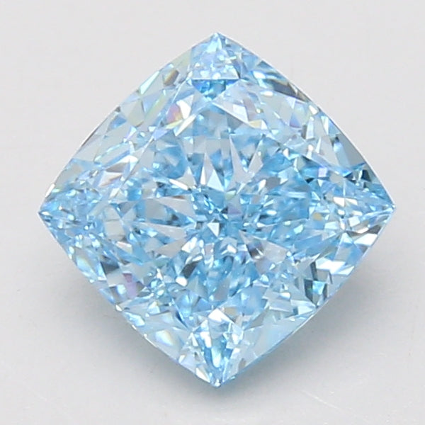 Light blue cushion-cut lab-grown diamond with faceted surfaces and reflective light patterns on neutral background.