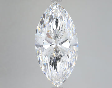 Clear marquise-cut diamond with faceted surfaces reflecting light, displayed against a neutral gray background.