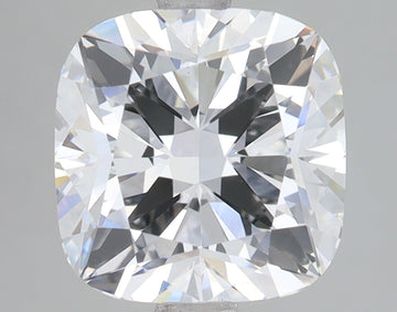 Cushion-cut lab-grown diamond with faceted surfaces displaying light refraction and reflections on neutral background.