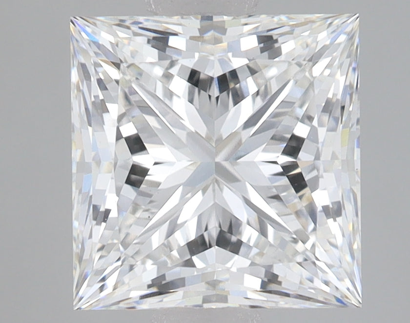Princess-cut lab-grown diamond with brilliant faceting and light refraction throughout the stone against a neutral background