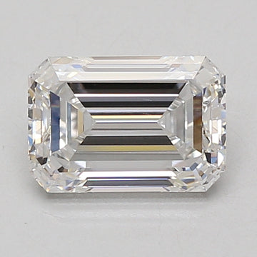 Emerald-cut lab-grown diamond with faceted sides and stepped pavilion, displaying light refraction across clear surface.