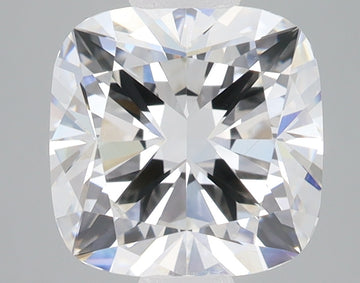 Cushion-cut lab-grown diamond with faceted surface displaying light refraction and colorless appearance on gray background.