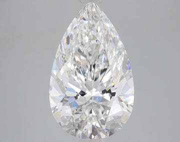 Pear-shaped lab-grown diamond with faceted surfaces and bright light refraction on gray background.