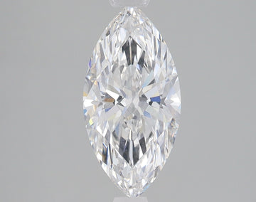 Marquise-cut faceted diamond with clear facets and light refraction against neutral gray background.