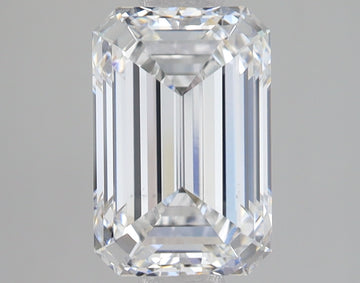 Emerald-cut diamond with faceted rectangular shape and stepped edges, displaying light refraction on neutral background.